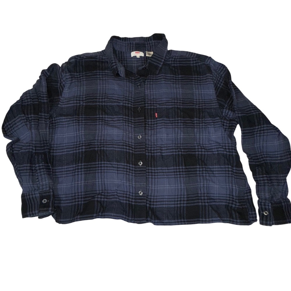 Levi's Plaid Flannel Button Down Shirt Womens L Blue Black Cotton Long Sleeve